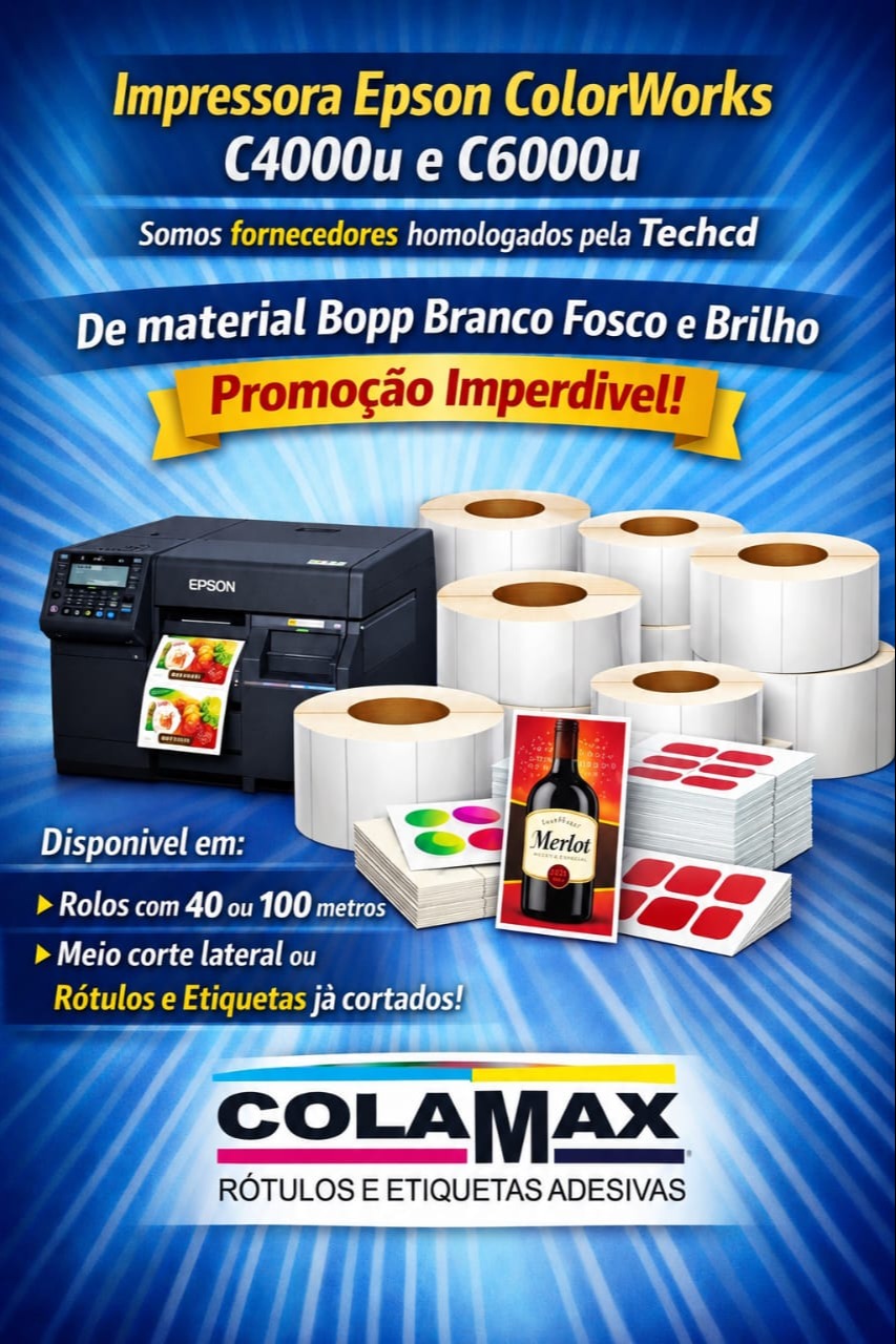 Material para Epson ColorWorks: BOPP branco fosco e brilho, rolos, r�tulos e etiquetas adesivas para impressoras C4000u e C6000u.